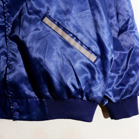 Vintage 80s Trucker Satin Bomber Style Jacket Snap Cardinal USA Reflective Blue - Picture 3 of 10
